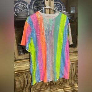 NWT Main Strip Boutique Neon Stripe Sequin Stripe tunic/ mini dress Large womens